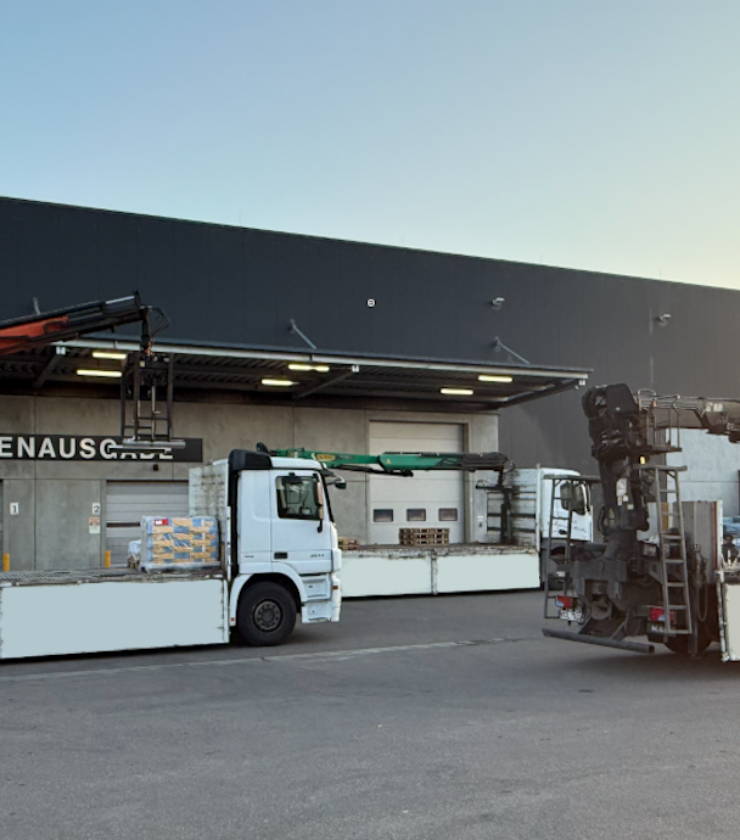 LKW-Flotte mit Ladekran beim Beladen